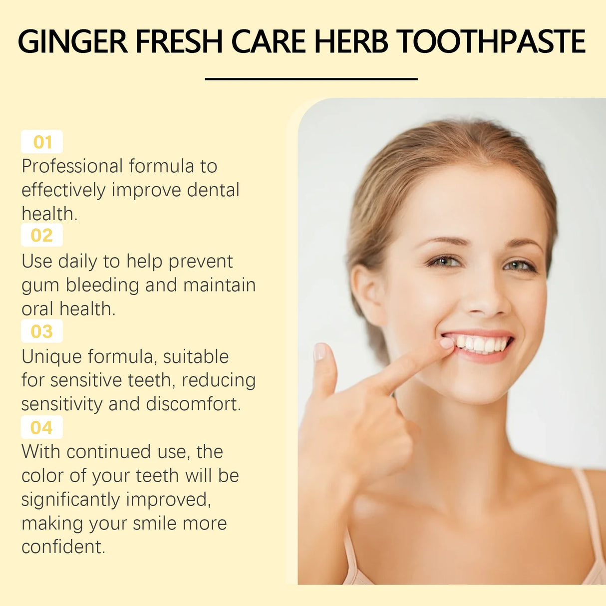 Advertisement for Ginger Fresh Care Herb Toothpaste with a woman pointing to her smile.