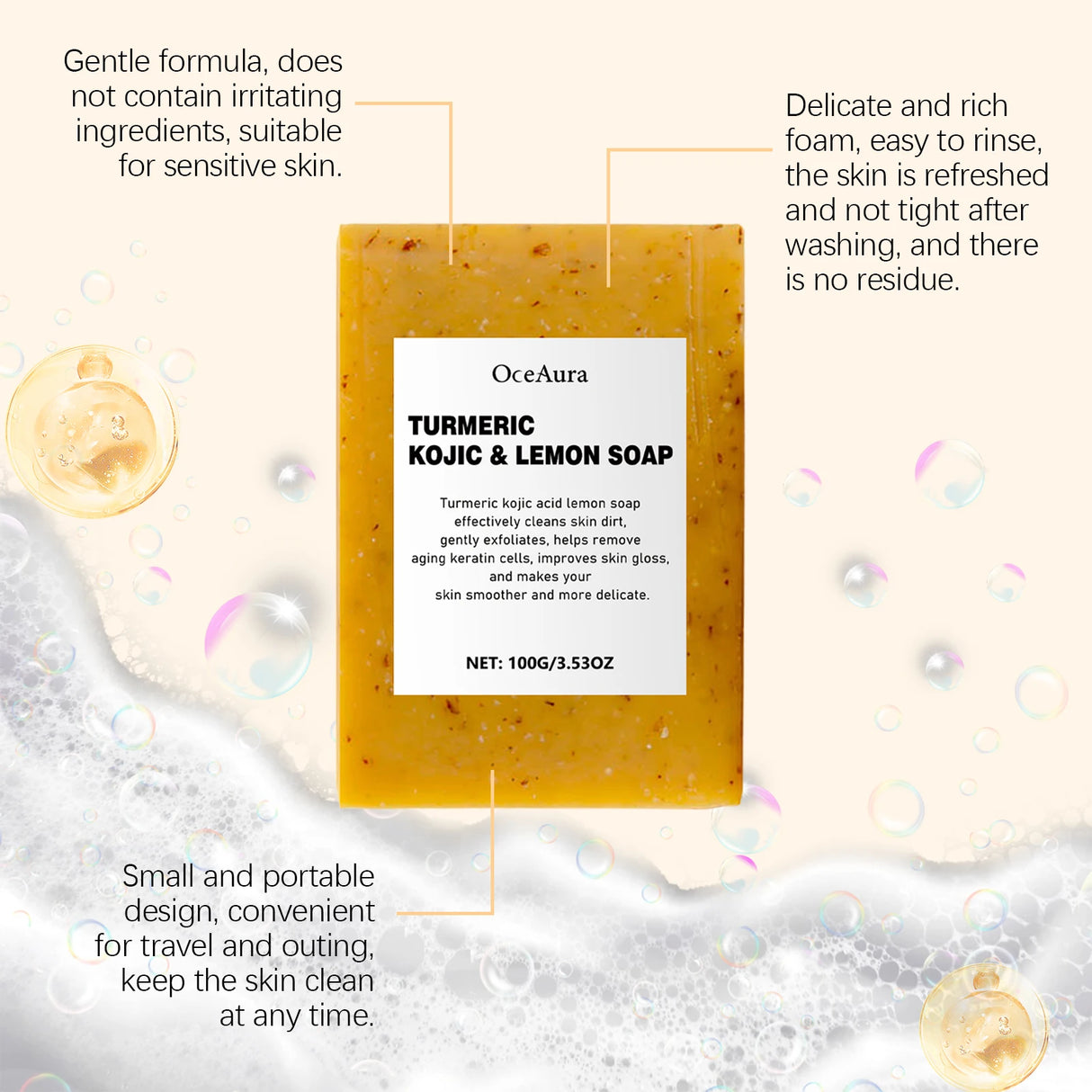 OceAura Turmeric Kojic & Lemon Soap packaging with product details on a soap bubble background