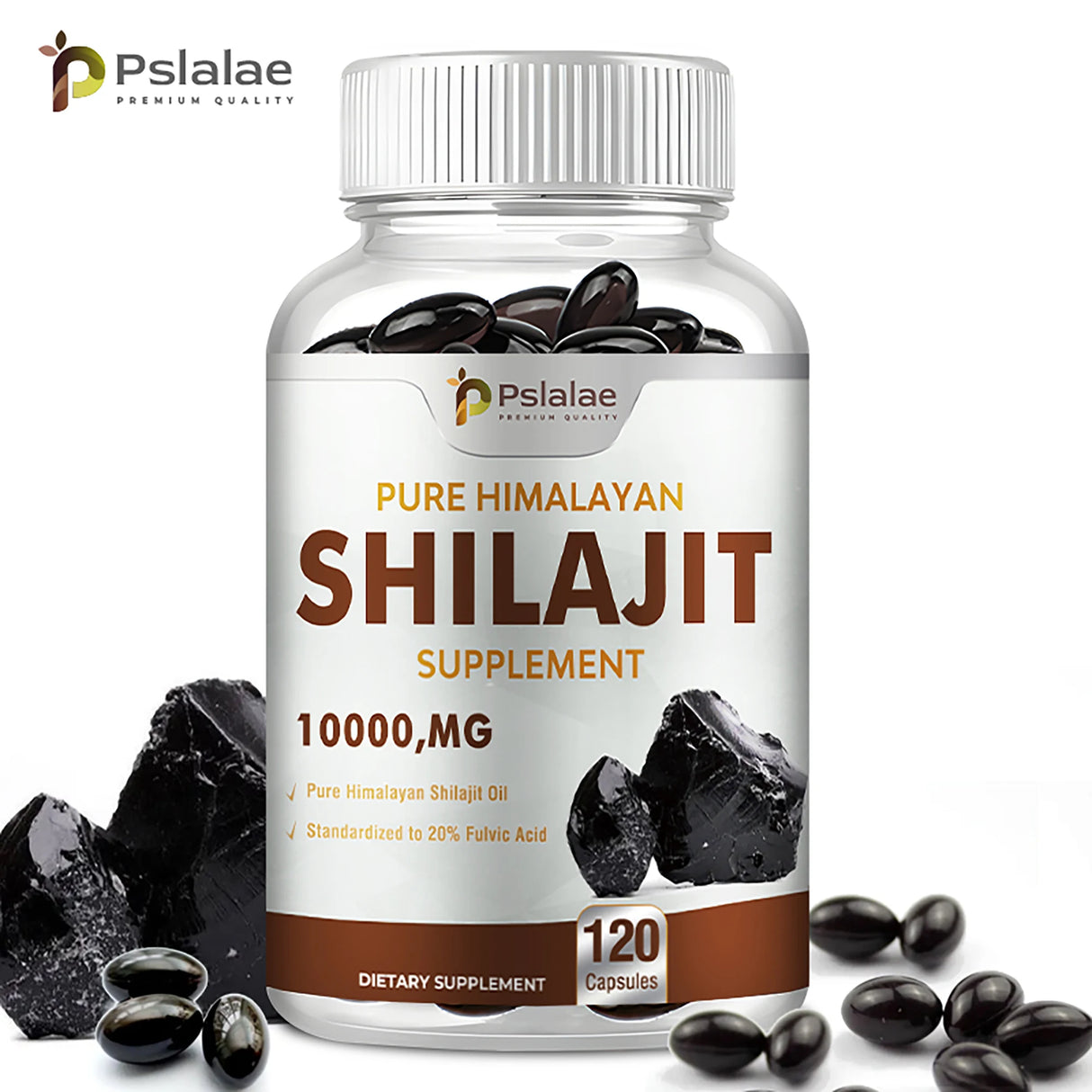 Bottle of Pslalae Pure Himalayan Shilajit Supplement with black stones on a white background