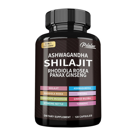 Supplement bottle labeled 'Ashwagandha Shilajit' with various health benefits on a white background