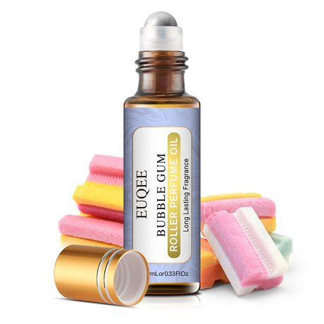EUQEE Bubble Gum Roller Perfume Oil with colorful roller bottles on a white background