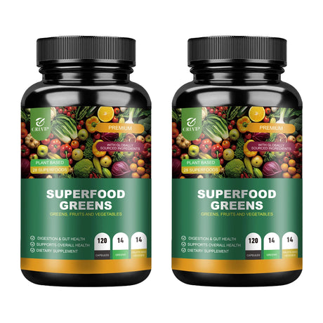 Two bottles of Superfood Greens supplement on a white background
