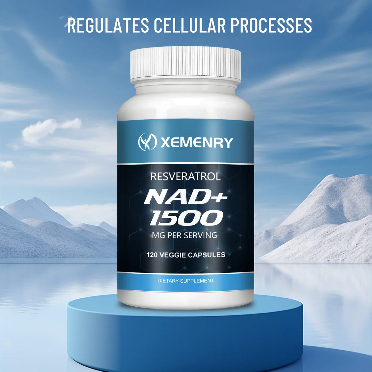 Supplement bottle labeled 'Xemenry NAD+ 1500' on a blue platform with mountain background
