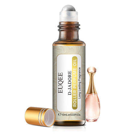 EUQEE rollerball perfume oil with gold cap and white label on a white background