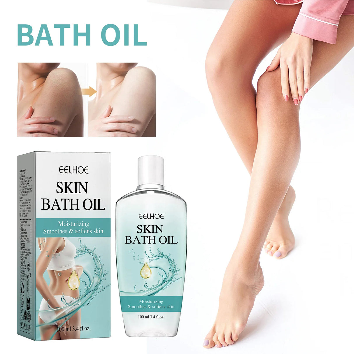 Eelhoe Skin Bath Oil packaging and bottle with a person showing smooth skin.