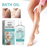 Eelhoe Skin Bath Oil packaging and bottle with a person showing smooth skin.