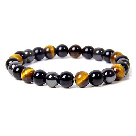 Beaded bracelet with black, brown, and yellow beads on a white background