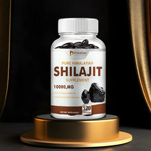 Bottle of Pure Himalayan Shilajit Supplement on a gold stand with a dark background