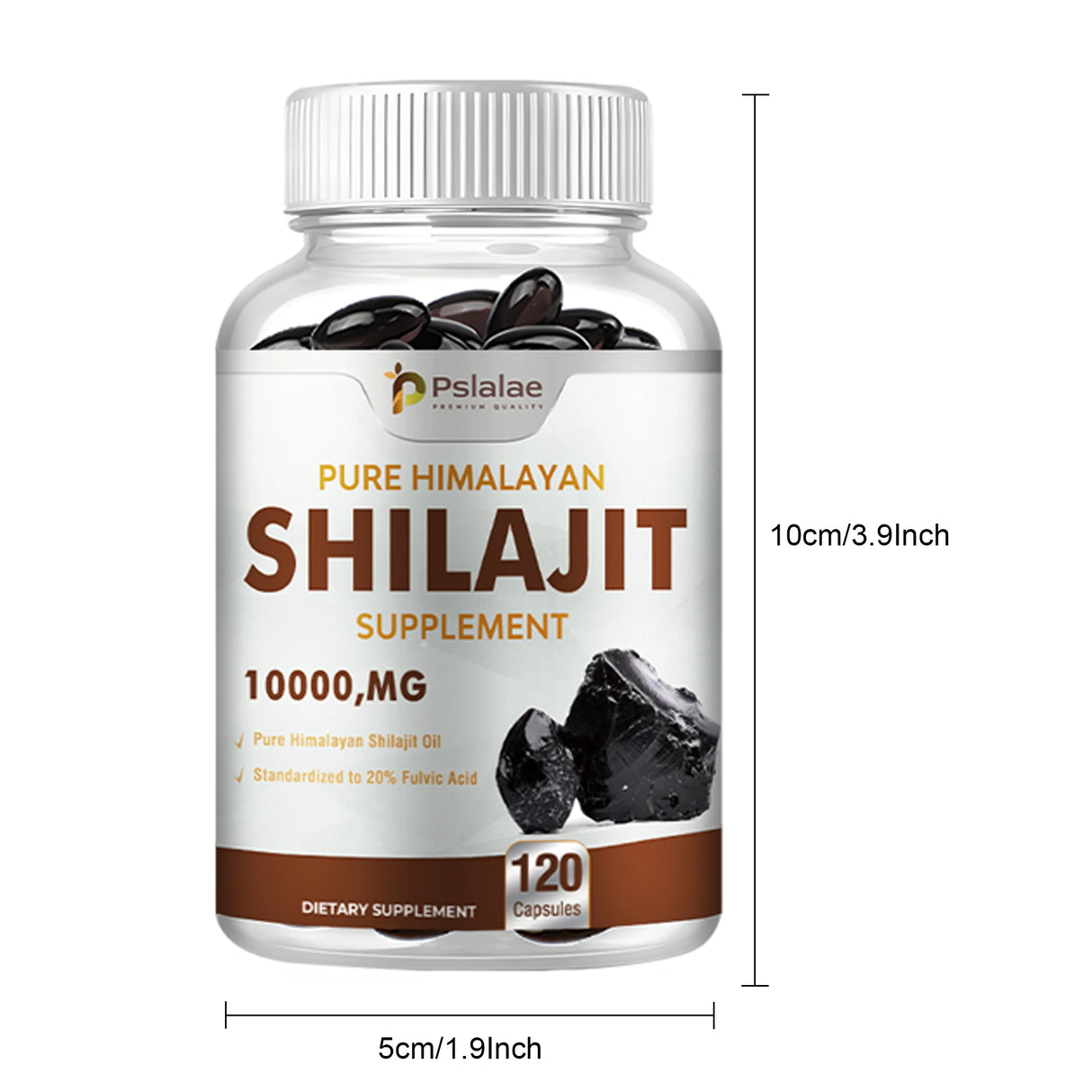 Psalalae Pure Himalayan Shilajit supplement bottle with measurements on a white background