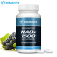 Supplement bottle labeled 'Xemenry NAD+ 1500' with grapes and capsules on a white background