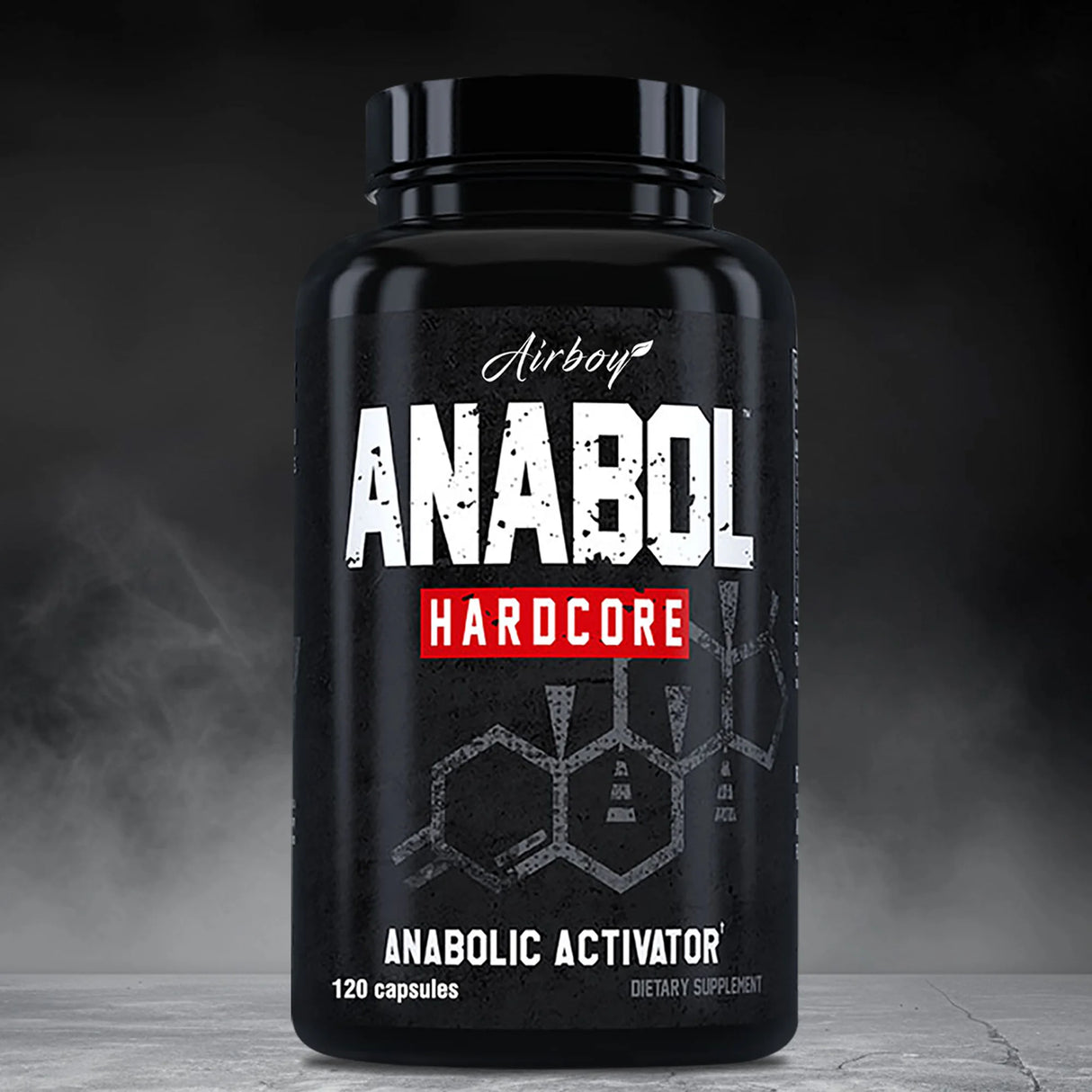 Black supplement bottle labeled 'Anabol Hardcore' on a dark background
