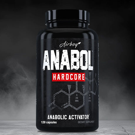 Black supplement bottle labeled 'Anabol Hardcore' on a dark background