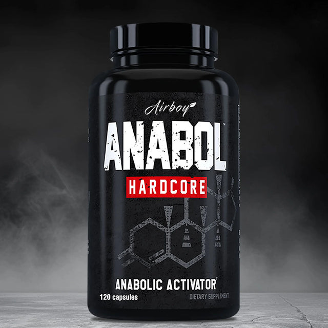 Black supplement bottle labeled 'Anabol Hardcore' on a dark background