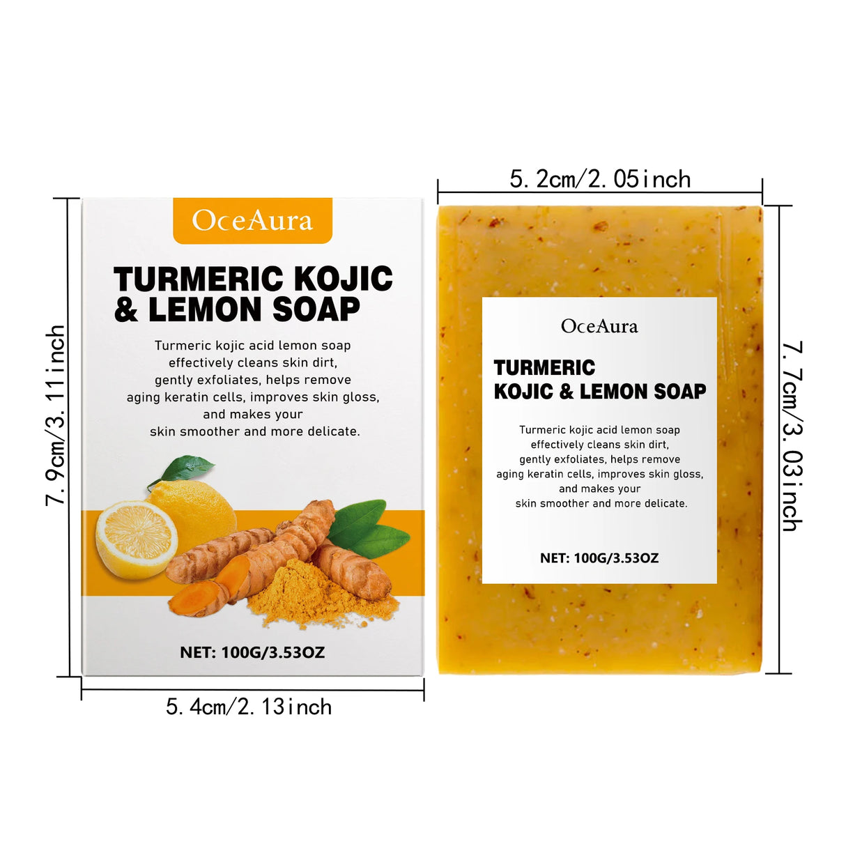 OceAura Turmeric Kojic & Lemon Soap packaging and bar with dimensions on a white background