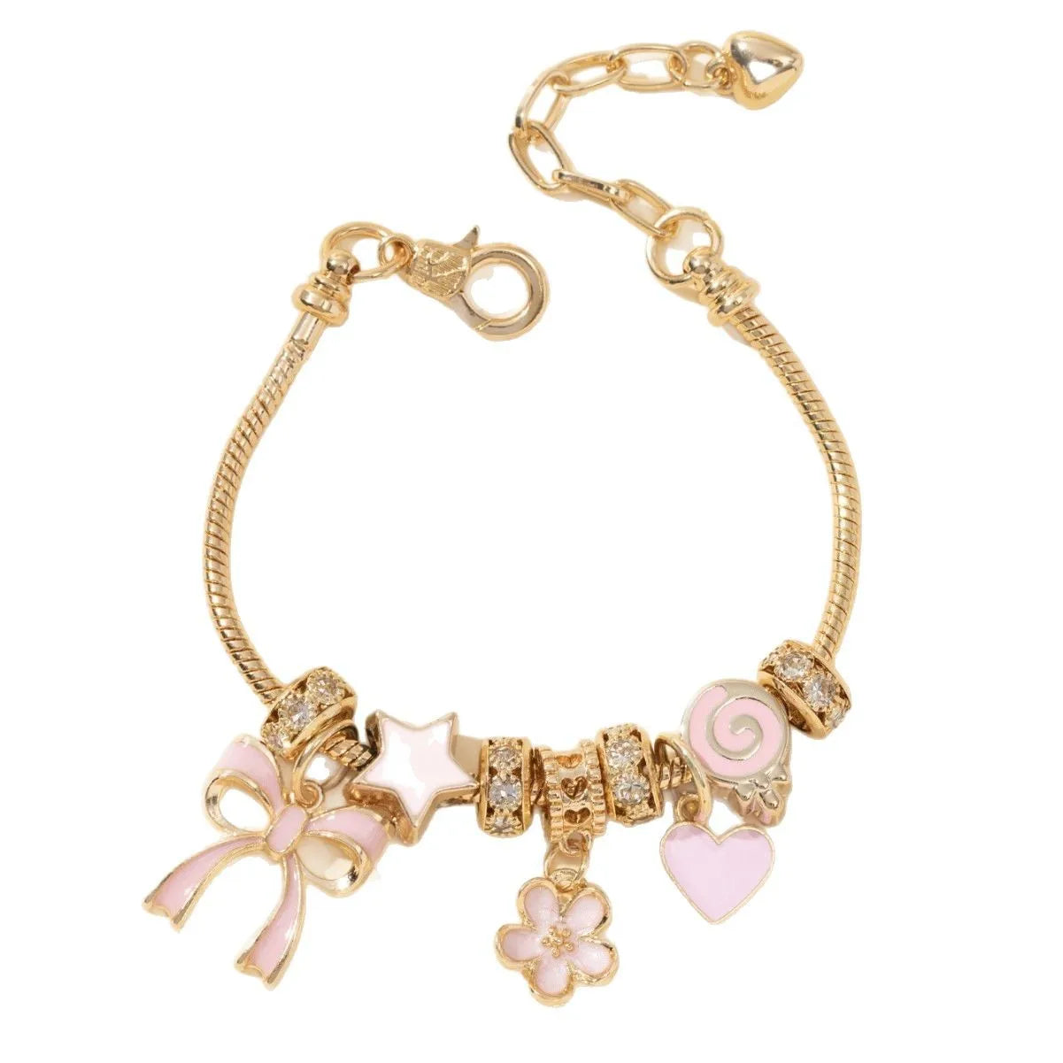 Gold bracelet with pink and white charms on a white background