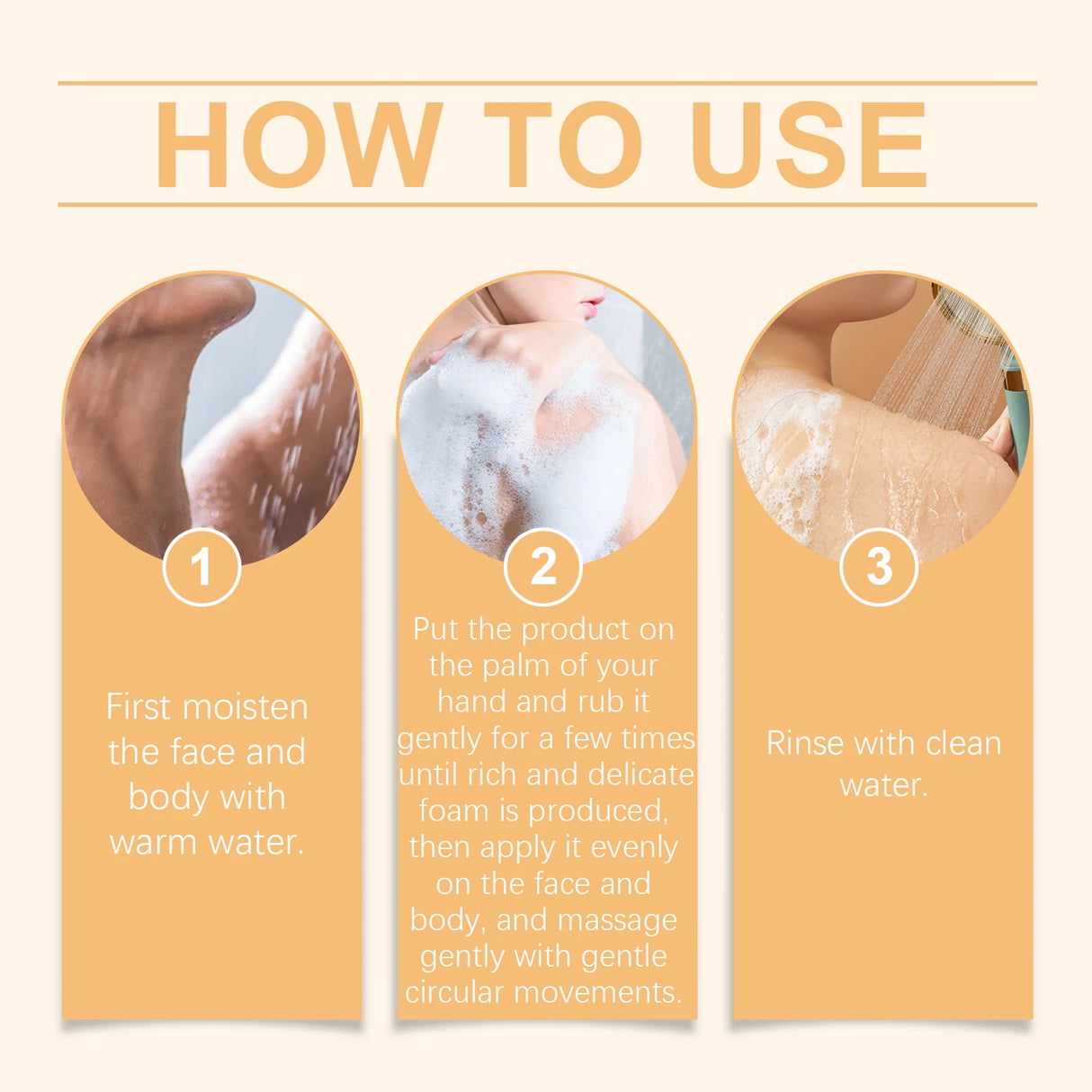 Instructions on how to use a product with three steps shown.