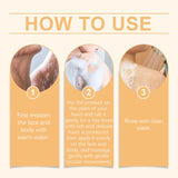Instructions on how to use a product with three steps shown.
