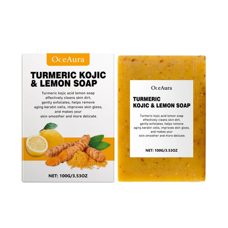 OceAura Turmeric Kojic & Lemon Soap with packaging on a white background