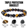 Triple protection bracelet with stones labeled for power, protection, and balance on a white background.