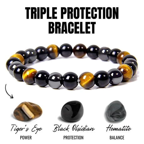 Triple protection bracelet with stones labeled for power, protection, and balance on a white background.
