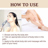 Instructions on how to use body lotion with a woman showering and applying lotion to her leg.