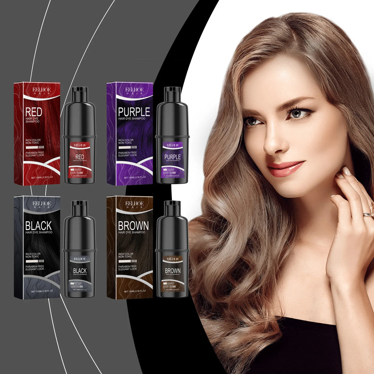 Hair color product packaging with a woman with styled hair on a white background
