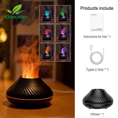 Kinscoter diffuser with flame effect and product list on the right
