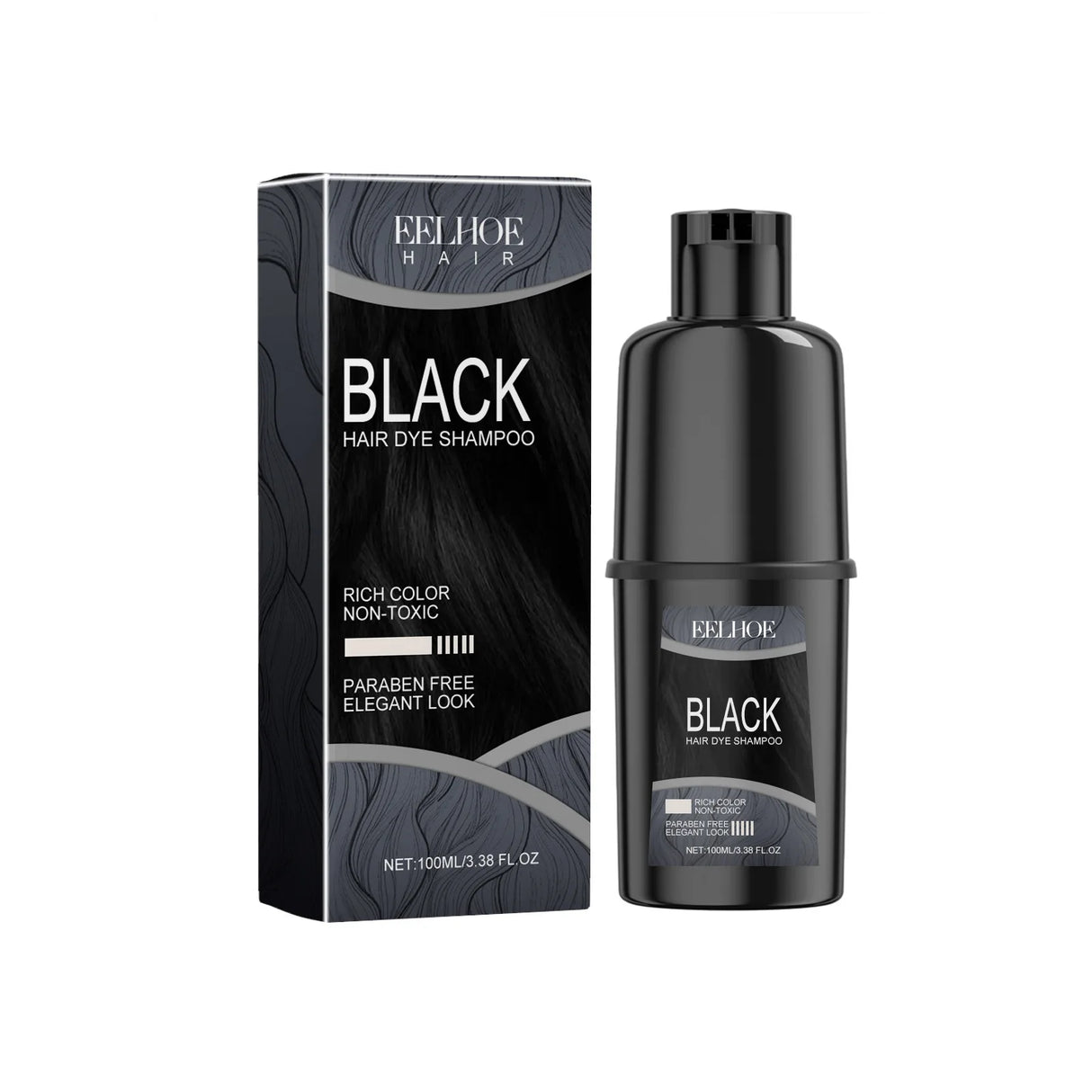 Black hair dye shampoo bottle and packaging on a white background