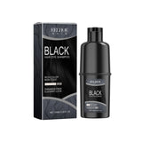 Black hair dye shampoo bottle and packaging on a white background