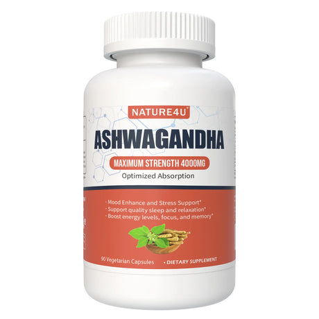 Supplement bottle labeled 'ASHWAGANDHA' by Nature4U on a white background