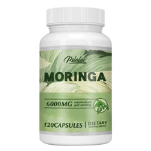 Supplement bottle labeled 'Moringa' with green and white design on a white background