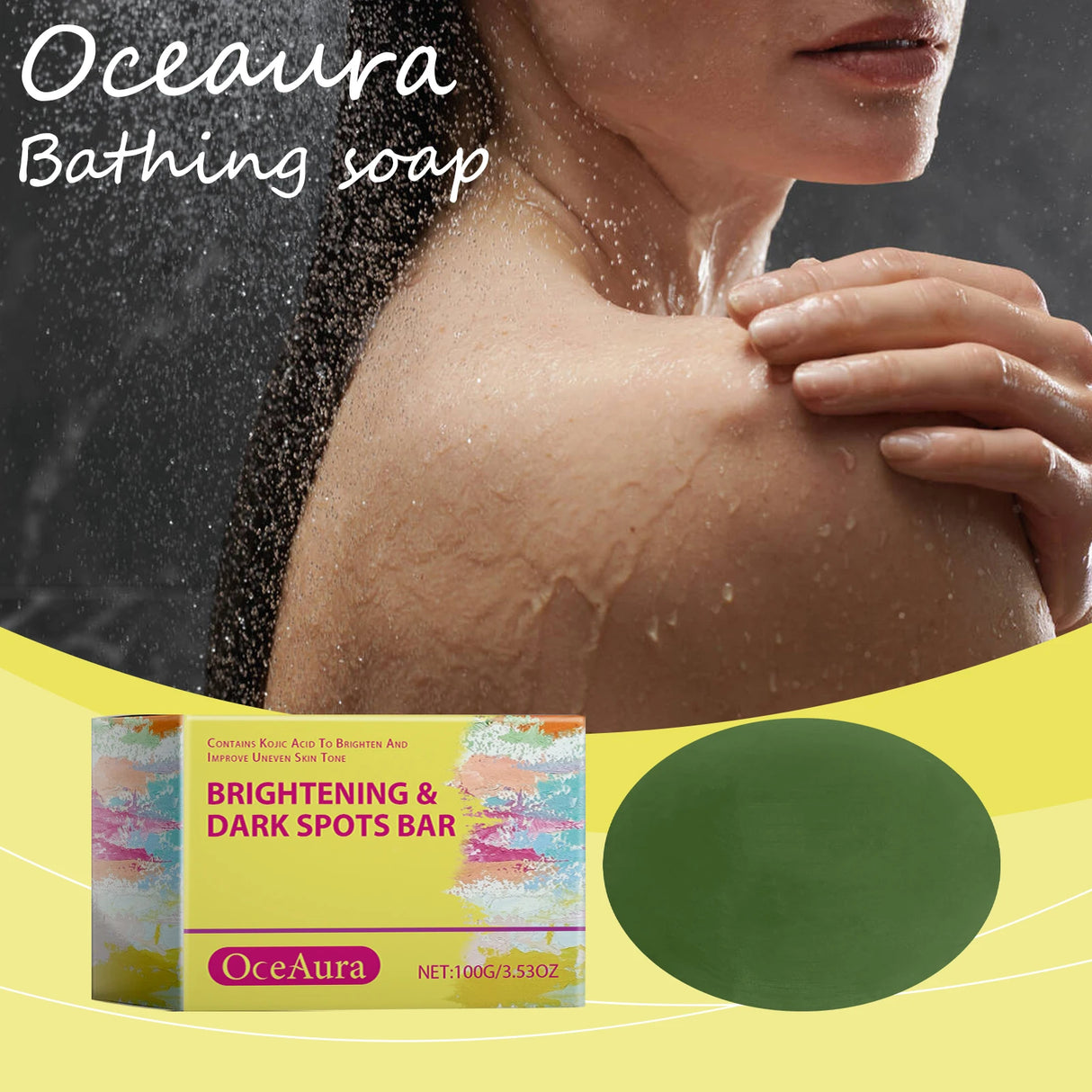 Oceaura bathing soap with a person showering and a soap bar packaging on a yellow background