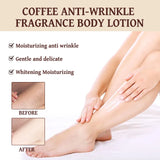 Coffee anti-wrinkle fragrance body lotion with before and after effects on skin.