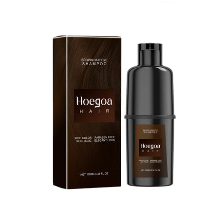 Hoegaoa Hair brown hair dye shampoo bottle and packaging on a white background