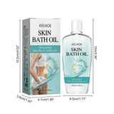Eelhoe Skin Bath Oil packaging and bottle with dimensions on a white background