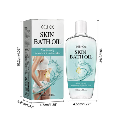 Eelhoe Skin Bath Oil packaging and bottle with dimensions on a white background