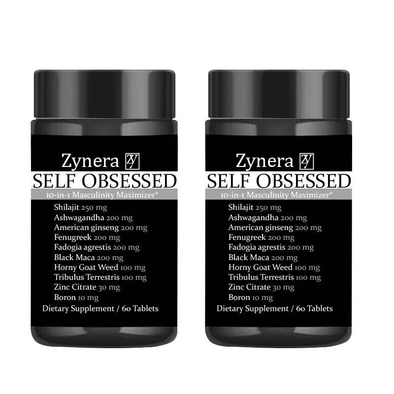 Two black supplement jars labeled 'Zynera Self Obsessed' on a white background
