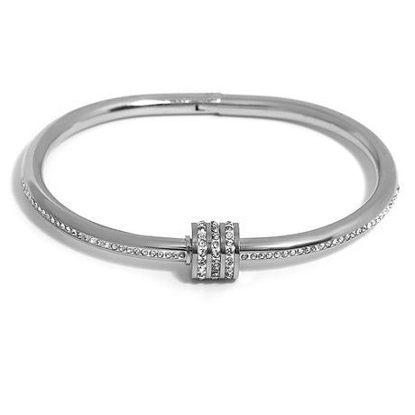 Silver bracelet with a decorative clasp on a white background