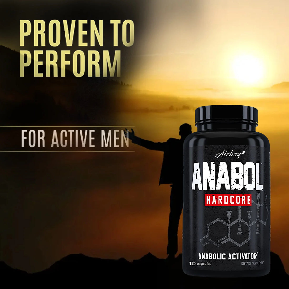 Anabol Hardcore supplement bottle with sunset background and silhouette of a person