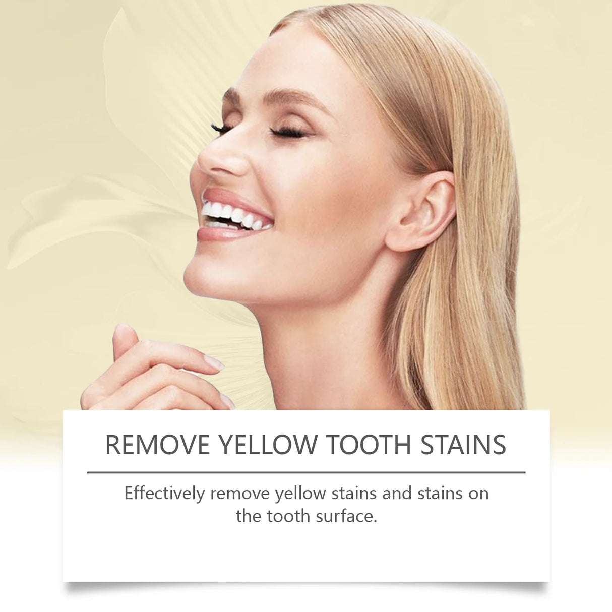 Advertisement for a product to remove yellow tooth stains with a smiling woman's face.