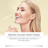 Advertisement for a product to remove yellow tooth stains with a smiling woman's face.