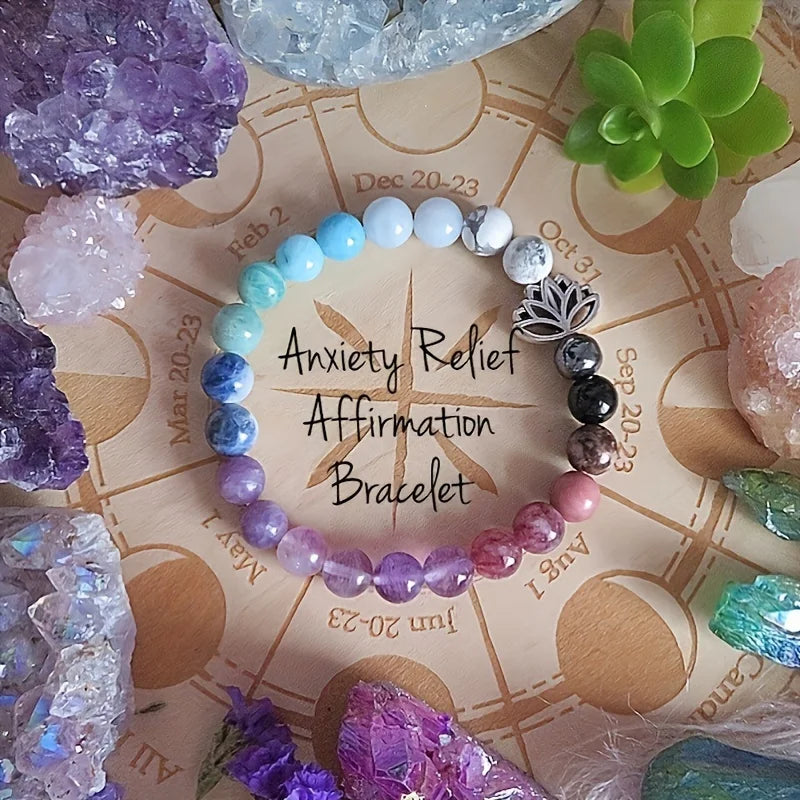 Anxiety Relief Affirmation Bracelet on a celestial map with crystals and plants