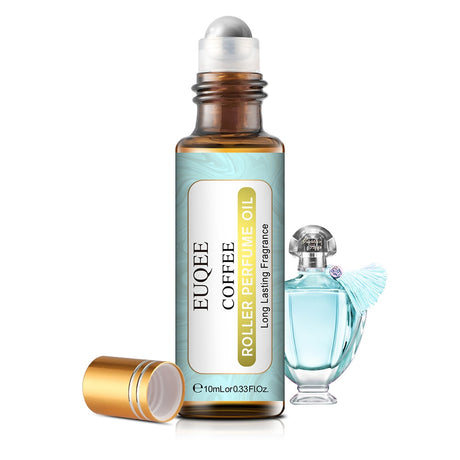 EUQEE Coffee Roller Perfume Oil with a smaller blue perfume bottle on a white background