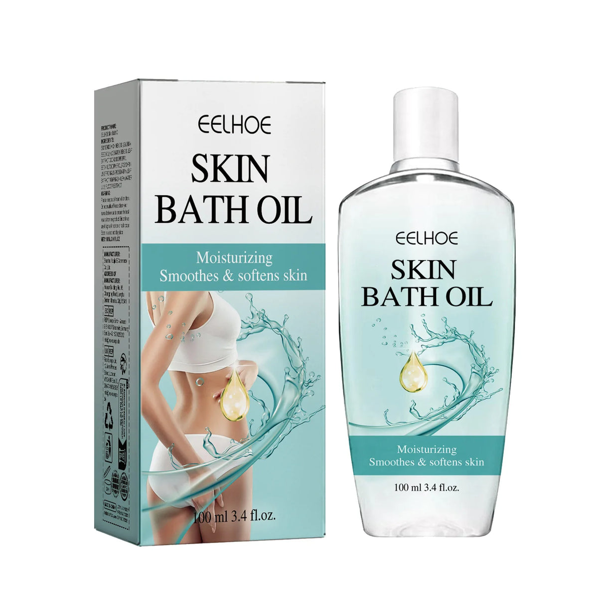 Eelhoe Skin Bath Oil packaging and bottle on a white background