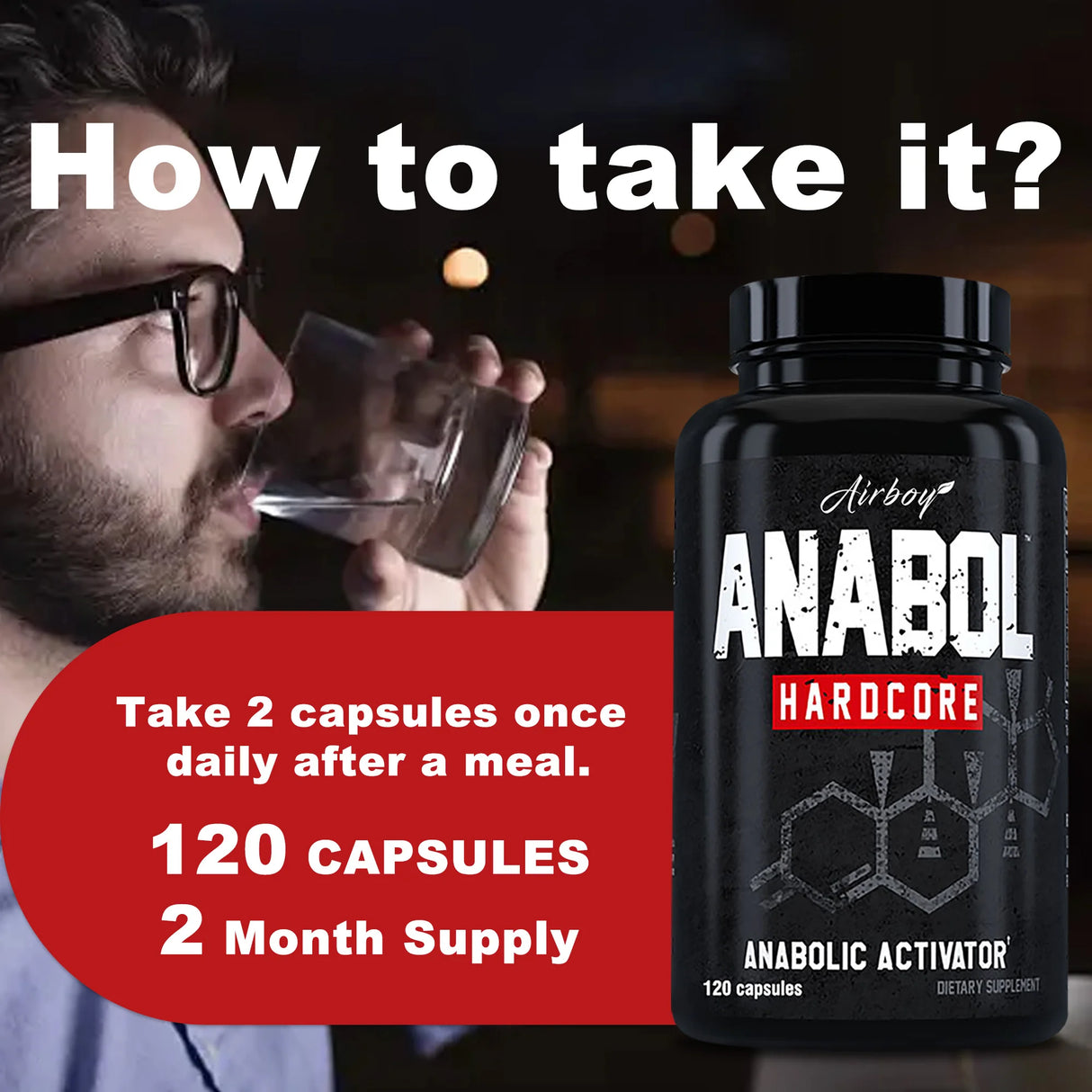 Advertisement for Anabol Hardcore supplement with a man drinking water and product details.