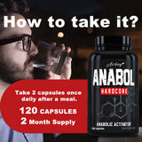 Advertisement for Anabol Hardcore supplement with a man drinking water and product details.