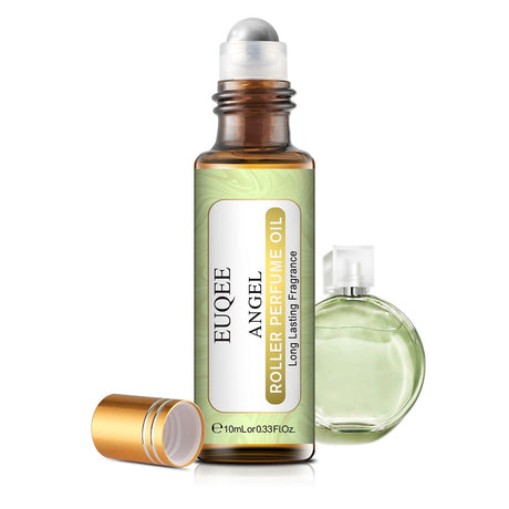 EUQEE roller bottle and small bottle of angel perfume on a white background