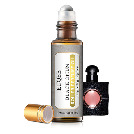EUQEE Black Opium roller perfume oil with a smaller black perfume bottle on a white background