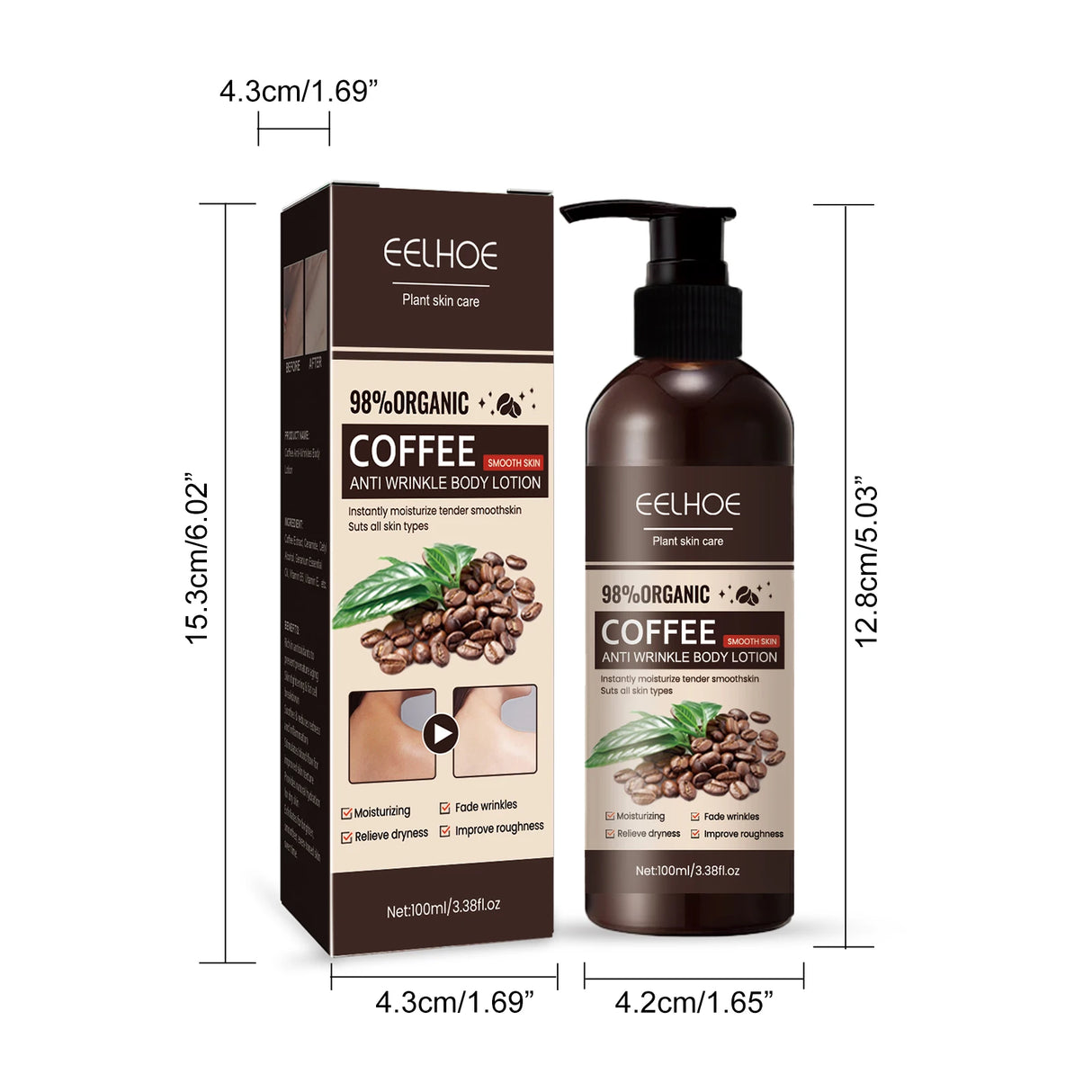 Eelhoe coffee anti-aging body lotion packaging and bottle with dimensions on a white background