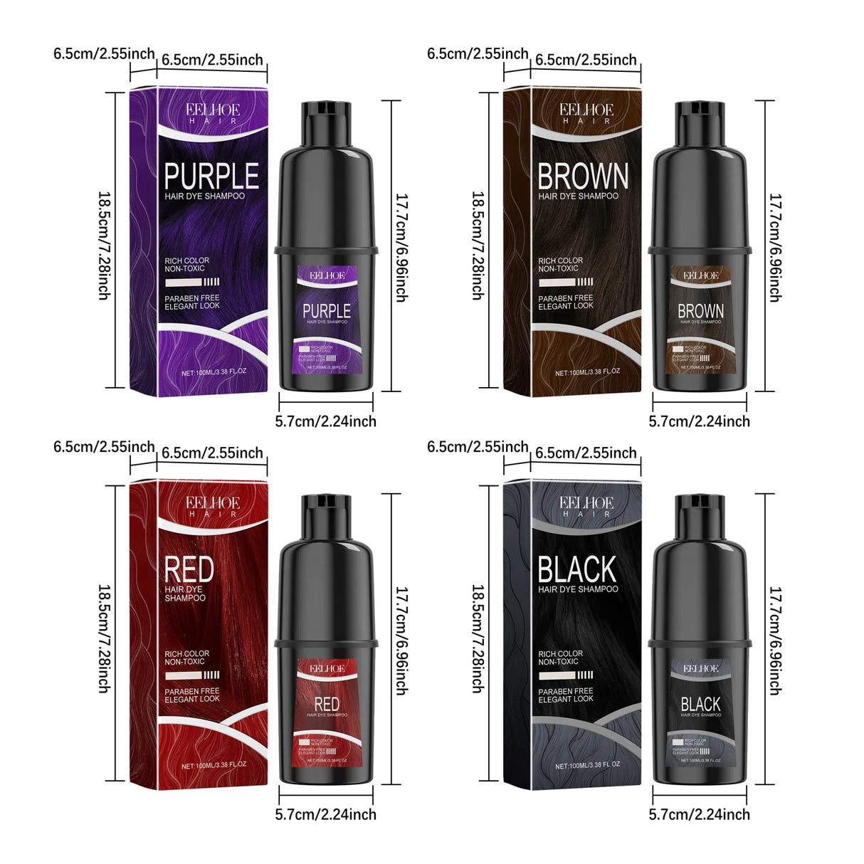 Measurement chart of purple, brown, red, and black hair dye shampoos with packaging dimensions.